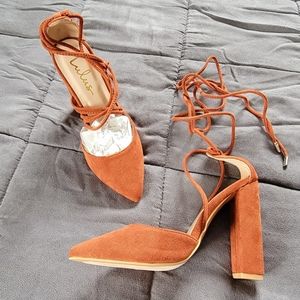 Lulus Rust Orange Suede Lace-Up Poined Toe Pumps